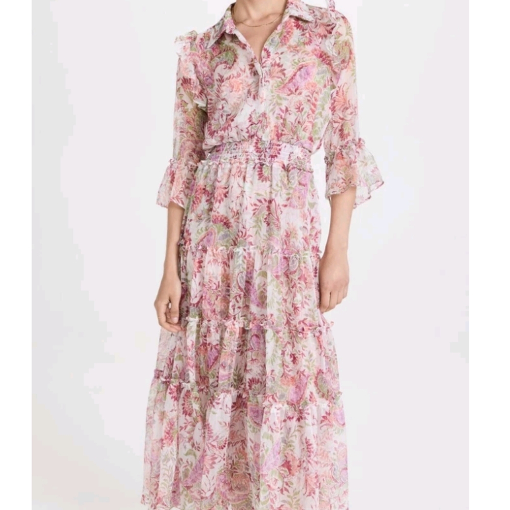 NWOT Misa Los Angeles Pamelina Chiffon Tiered Maxi Dress Paisley Floral L